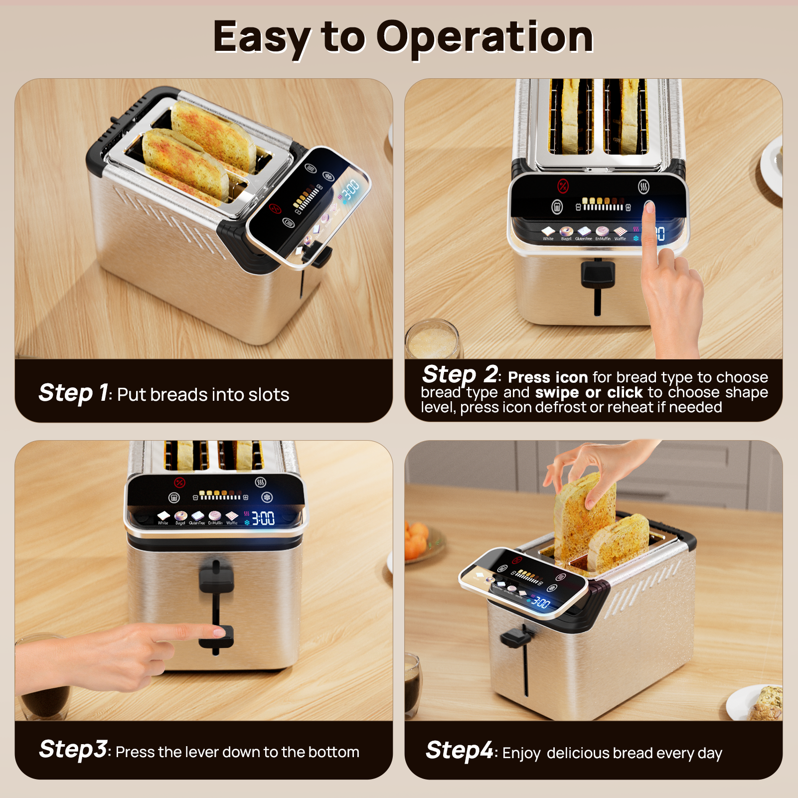WHALL 2 Slice Toaster, Touch Screen Toasters with Projection Display, wide slots, Bagle / Reheat/Defrost Stainless Steel