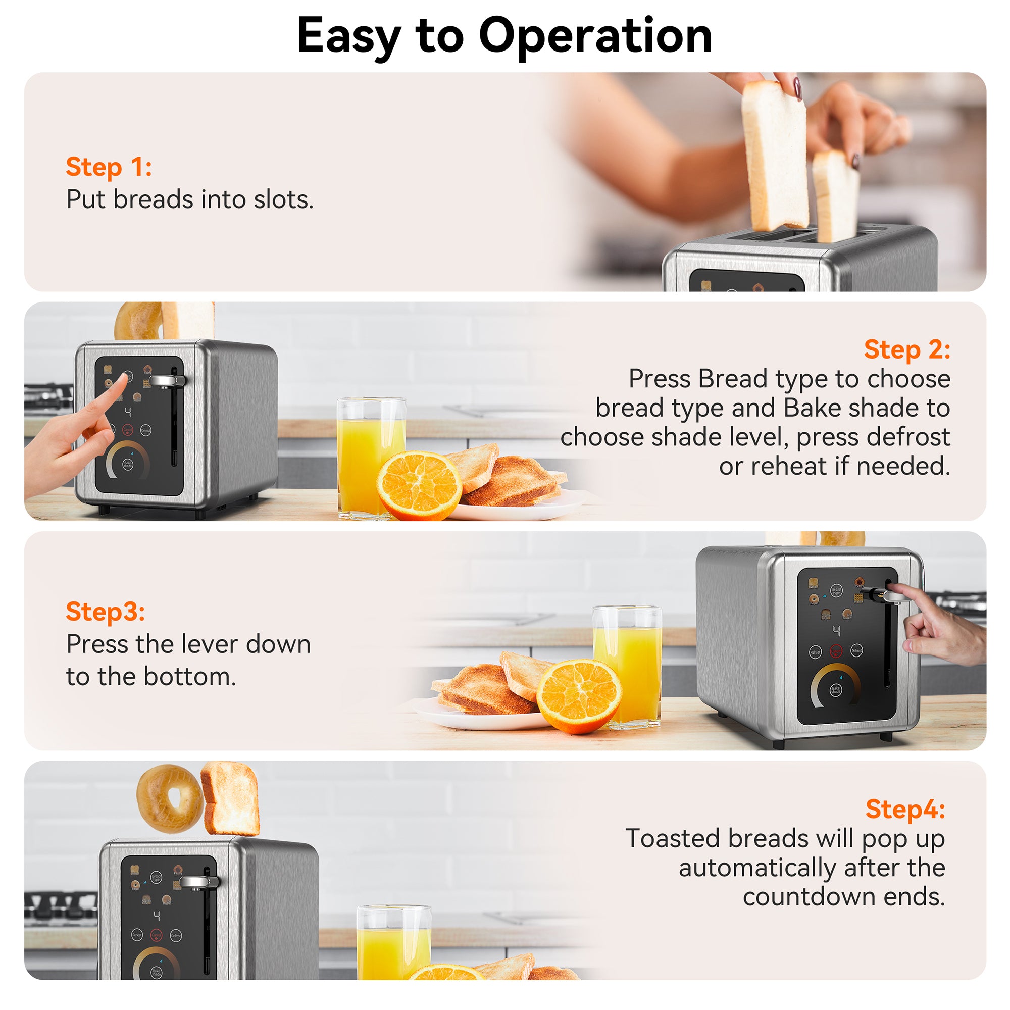 WHALL 2 Slice Touchscreen Stainless Steel Toaster with Wide Slot, 6 Shade Settings, Bagel Function, Removable Crumb Tray