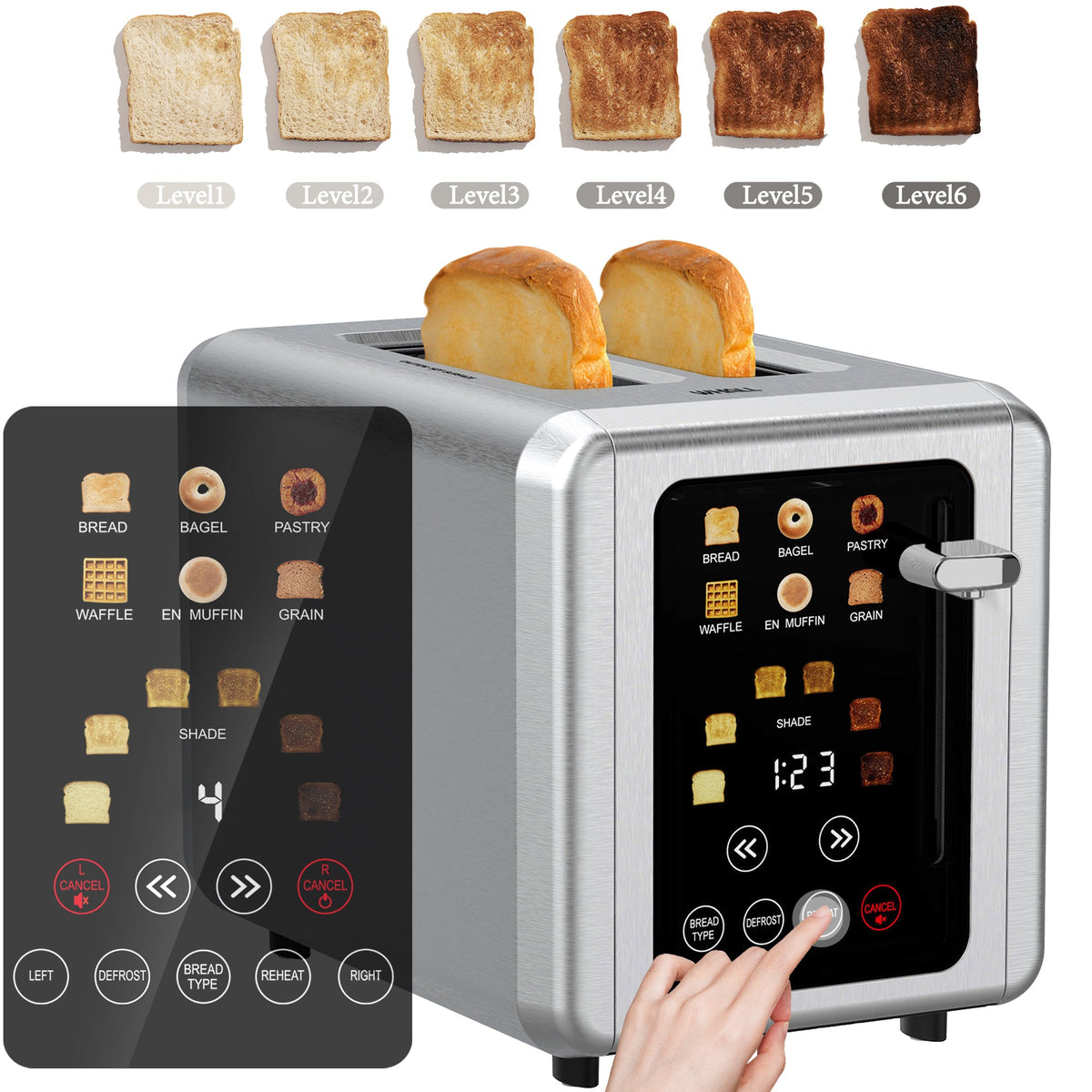 WHALL 2-Slice Touchscreen Toaster: Stainless Steel with Digital Timer,Sound, 6 Bread Types, 6 Shade Settings, Extra Wide
