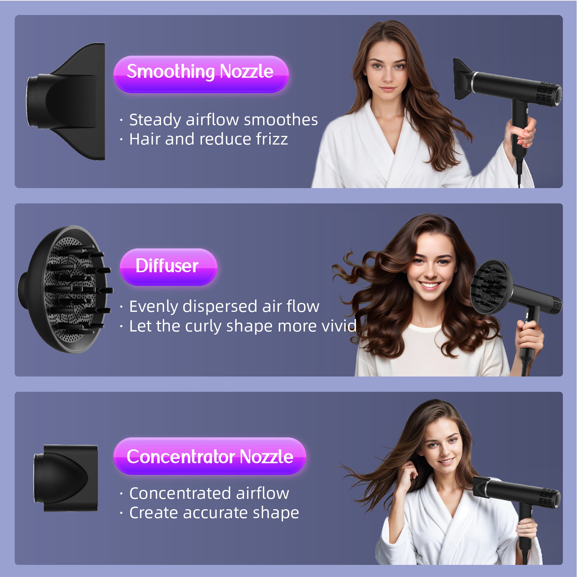 NICEBAY Ionic Hair Dryer, Black Blow Dryer, 110000RPM High-Speed Brushless Motor, Lightweight, 1600W