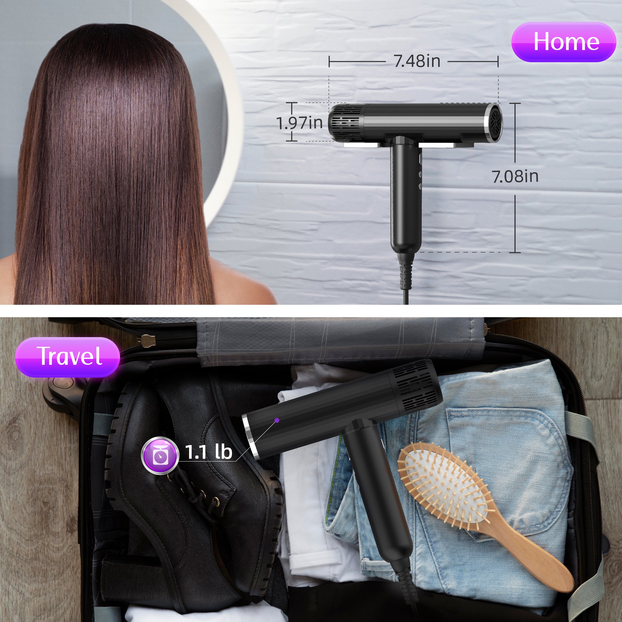 NICEBAY Ionic Hair Dryer, Black Blow Dryer, 110000RPM High-Speed Brushless Motor, Lightweight, 1600W
