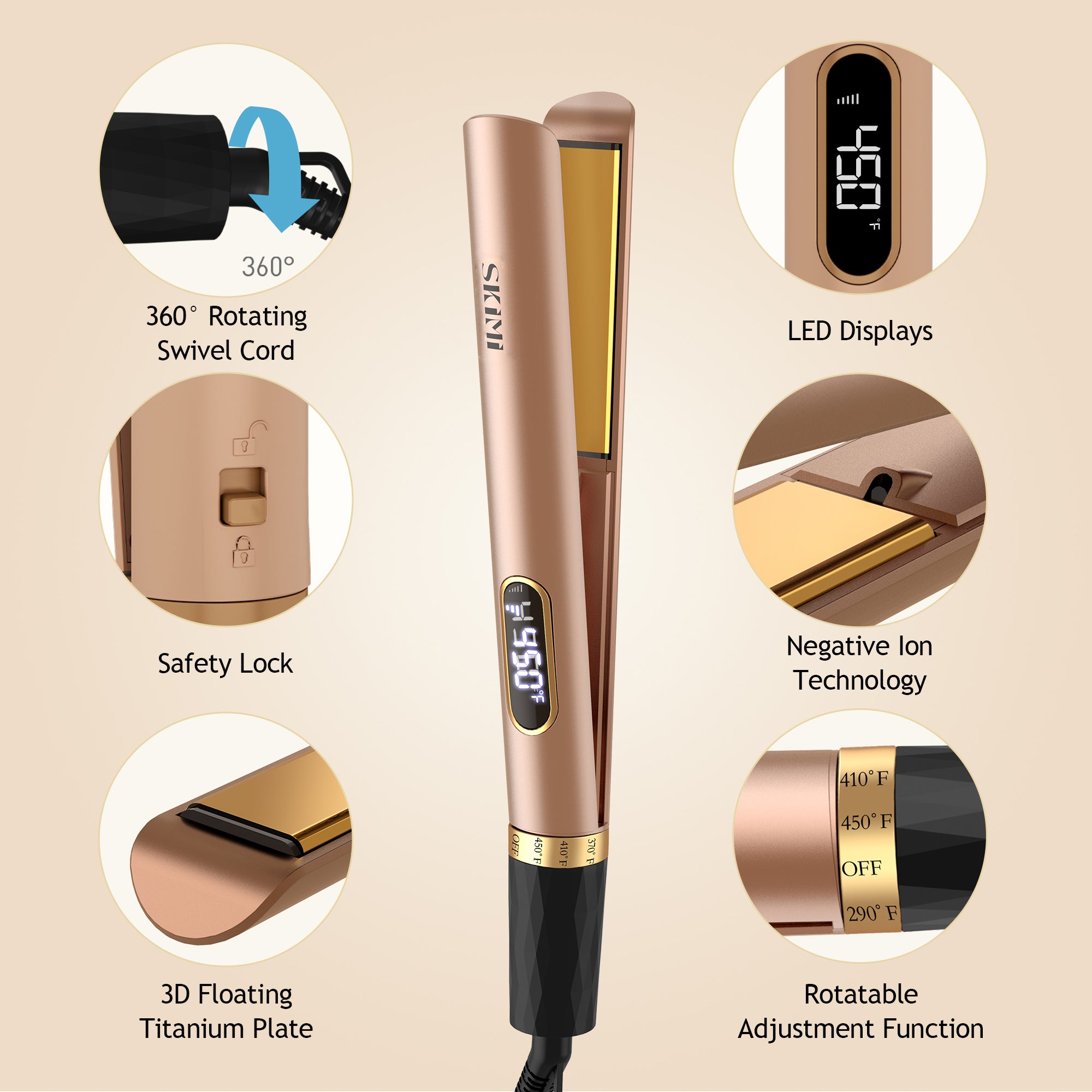 SKIMI Hair Straightener Flat Iron, Hair Straightener and Curler-5 Temp, Fast Heating, Wide Voltage