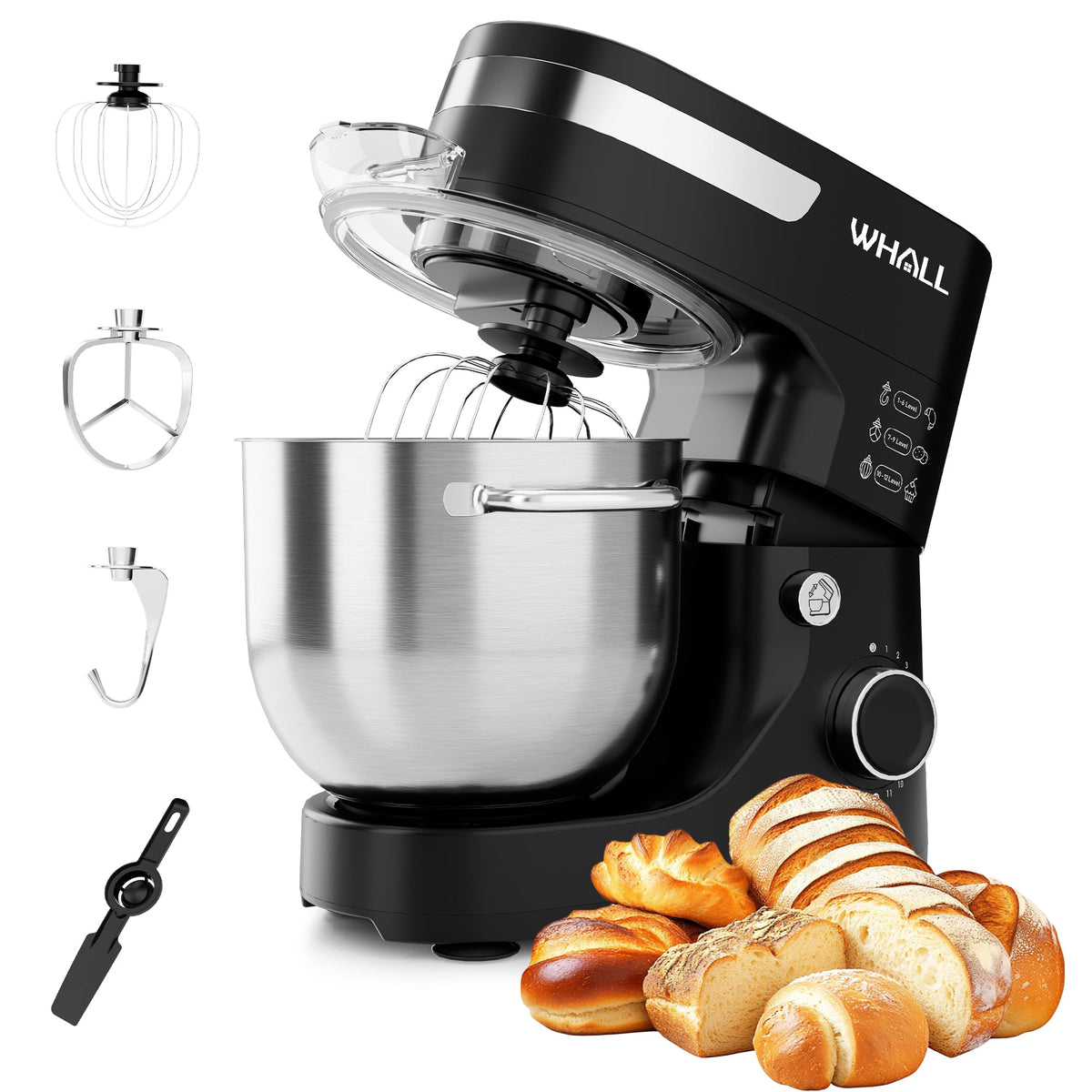 WHALL Stand Mixer 5.5Qt Tilt Head Electric Kitchen Mixer with Dough Hook Wire Whip Beater Stainless Steel Bowl
