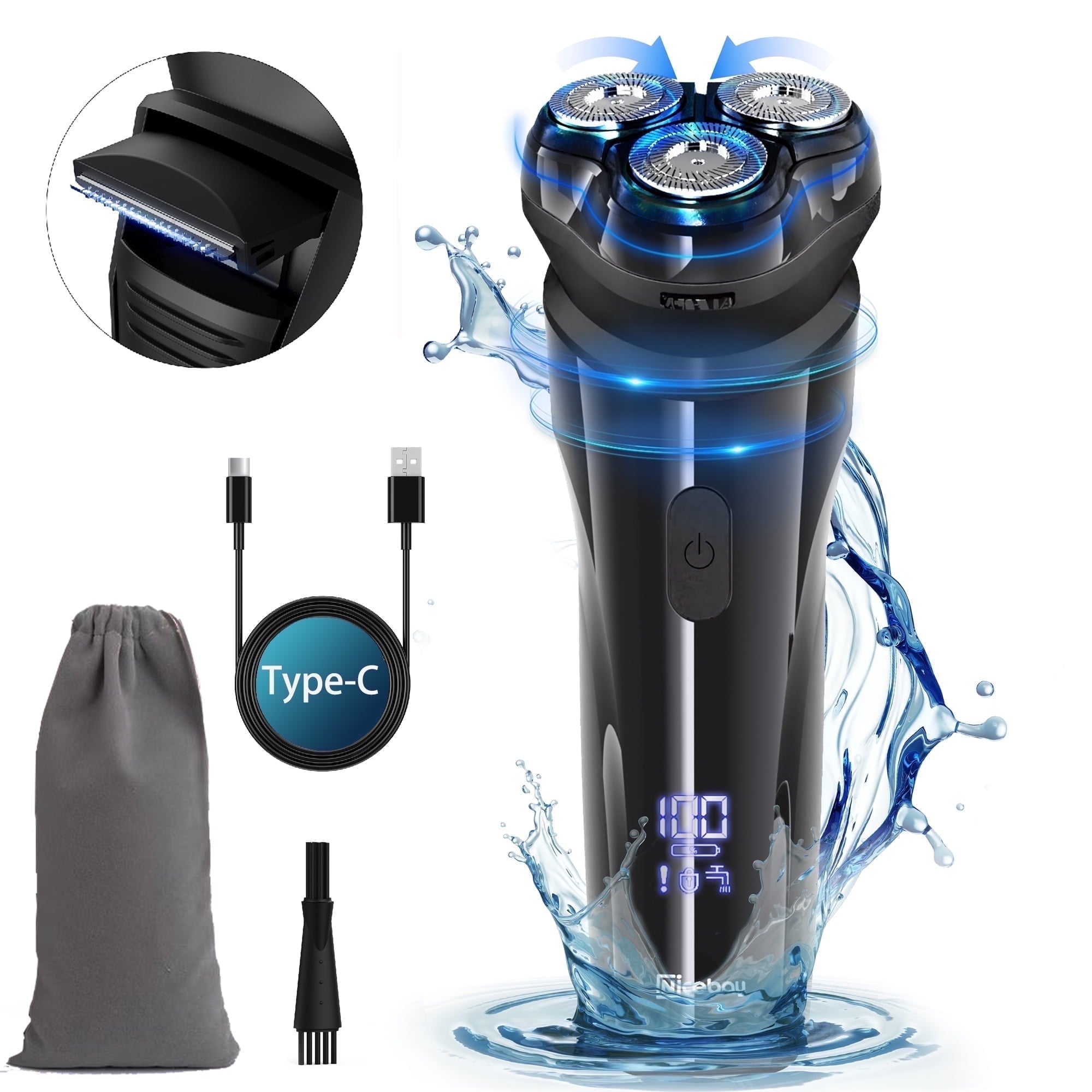 Nicebay Electric Razor, Electric Shavers for Men, Wet/Dry Shaver LED Display/Travel Lock/Type C/Lpx7