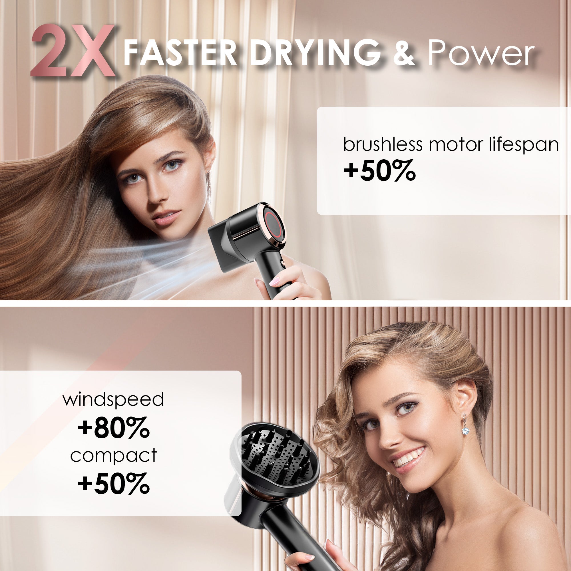 NICEBAY Hair Dryer Ionic, 110,000 RPM High-Speed Brushless Motor, Hair Blow Dryer with Diffuser