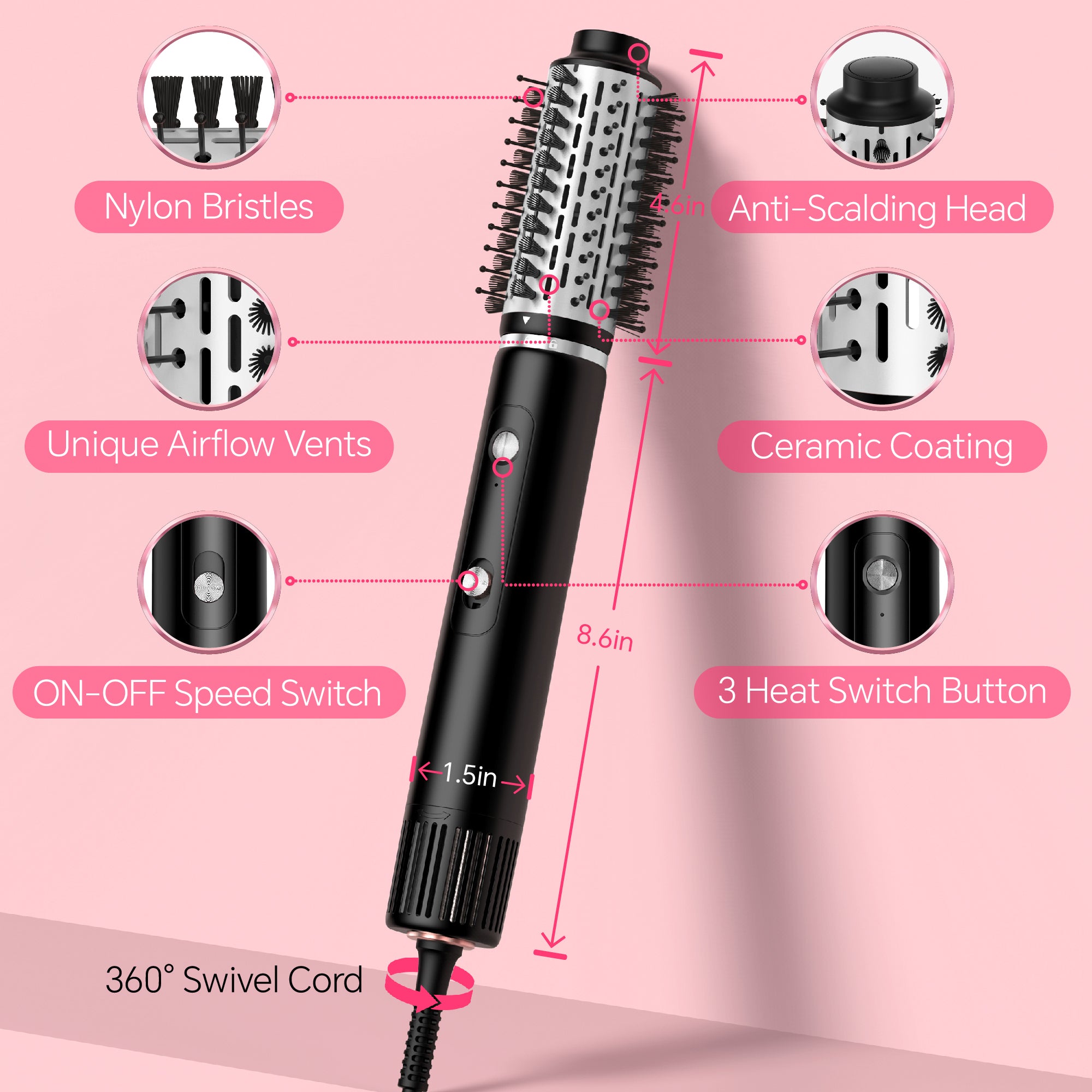 NICEBAY Hair Dryer Brush, Hot Air Brush with 110000RPM Brushless Motor, Blow Dryer 1300W, Plastic
