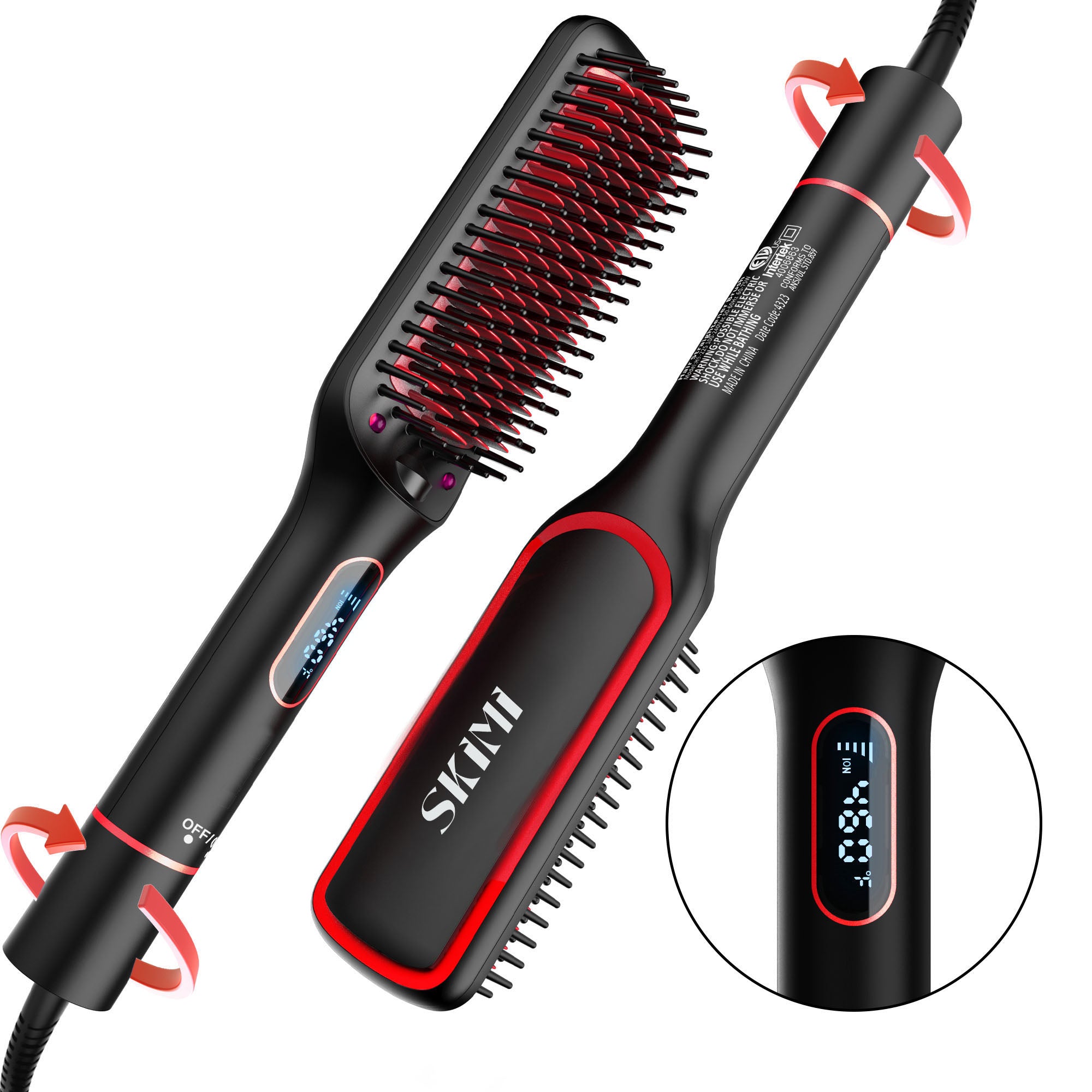 SKIMI  Hair Straightener Brush, Negative Ion Hair Straightening Brush with LED Display Screen, Plastic
