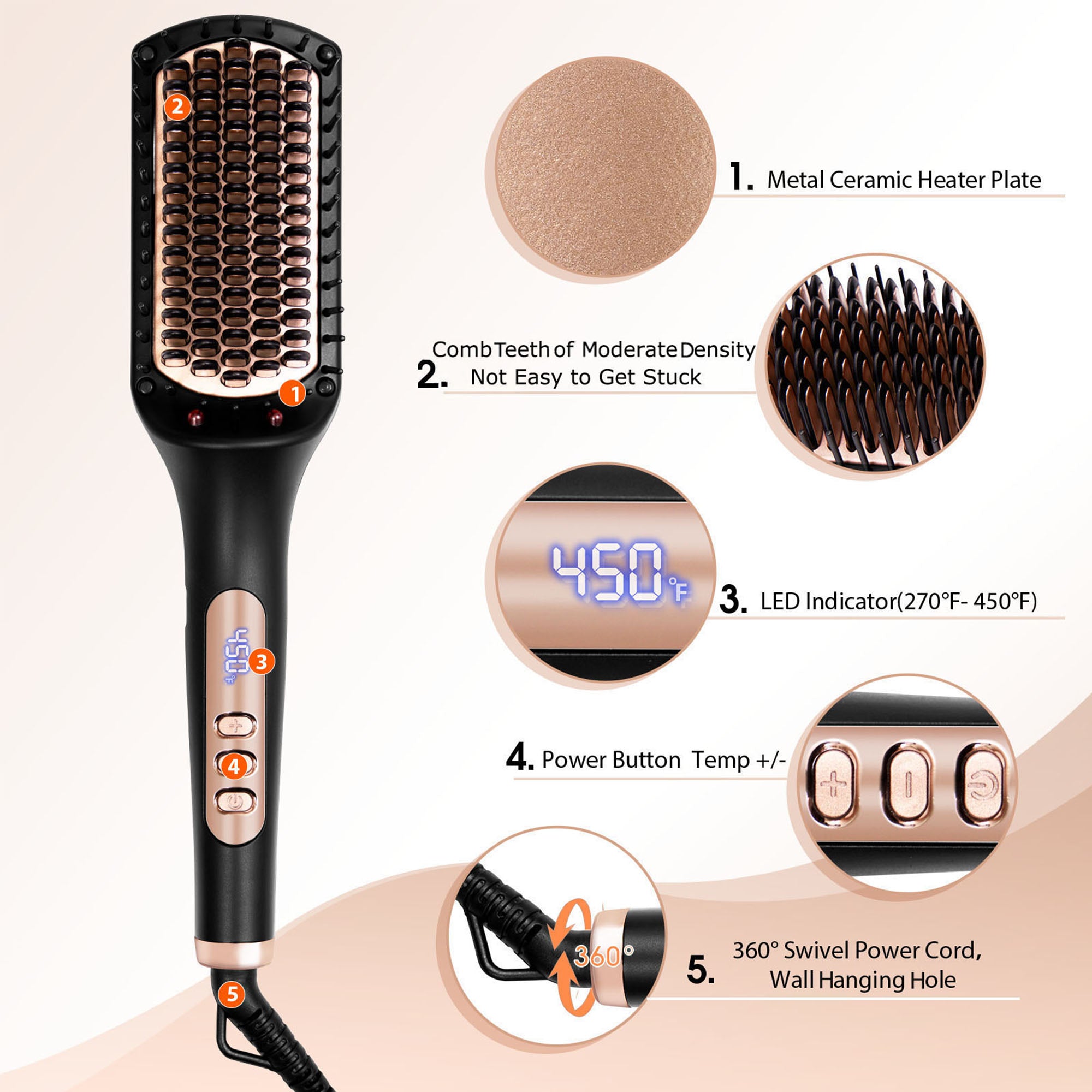 Nicebay  Hair Straightening Brush, Pink Ionic Hair Straightener Comb, 6 Temp Settings, Ceramic Coating