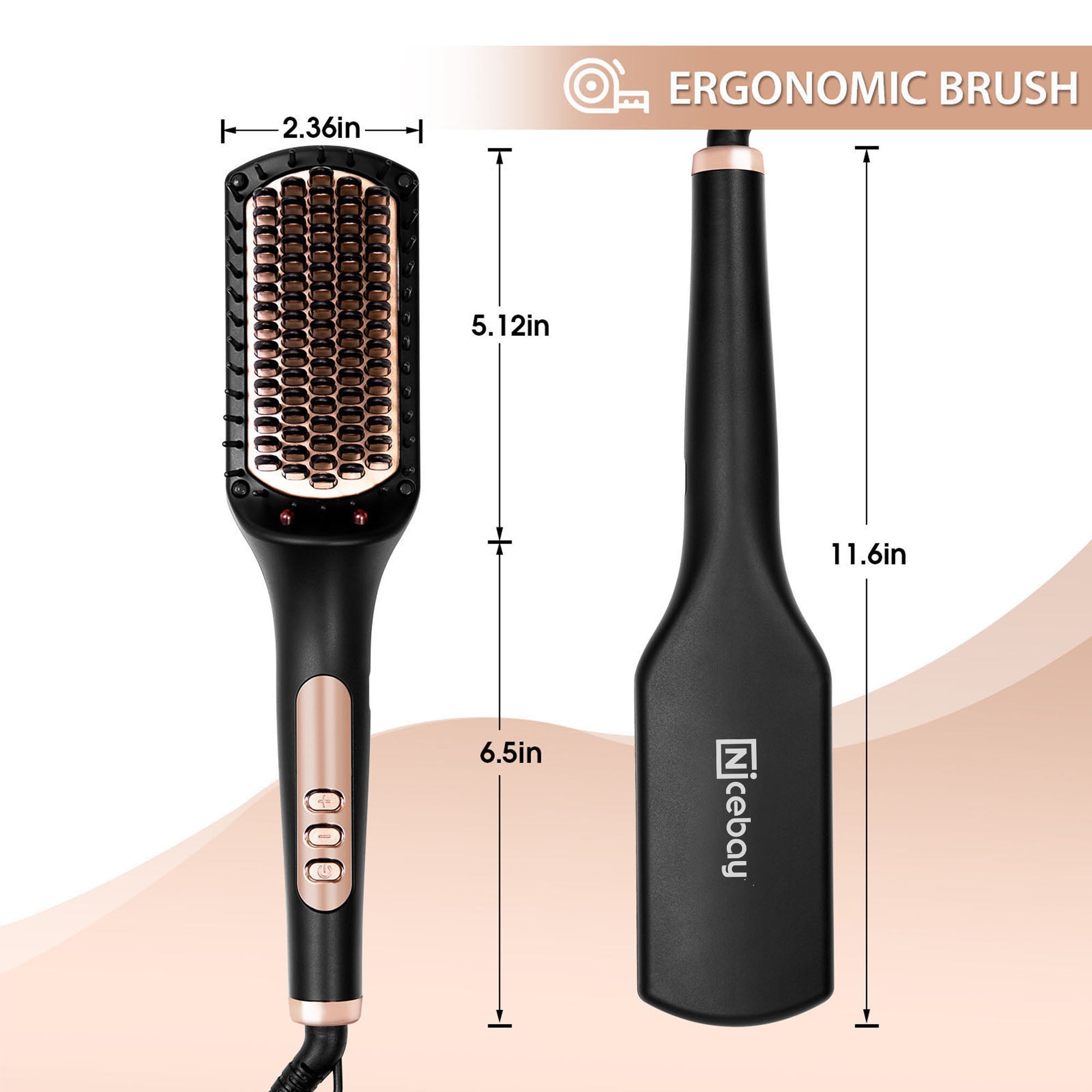 Nicebay  Hair Straightening Brush, Pink Ionic Hair Straightener Comb, 6 Temp Settings, Ceramic Coating