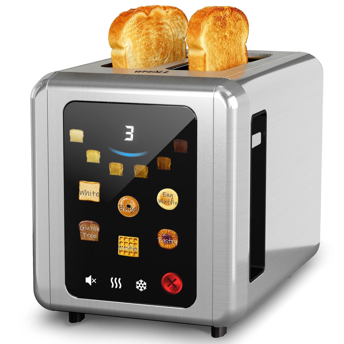 WHALL Touch Screen 2 Slice Toaster 1.5 inch Wide Slot Stainless Steel Toaster with Digital Timer 6 Bread Types and 6 Shade Settings Removable Crumb Tray