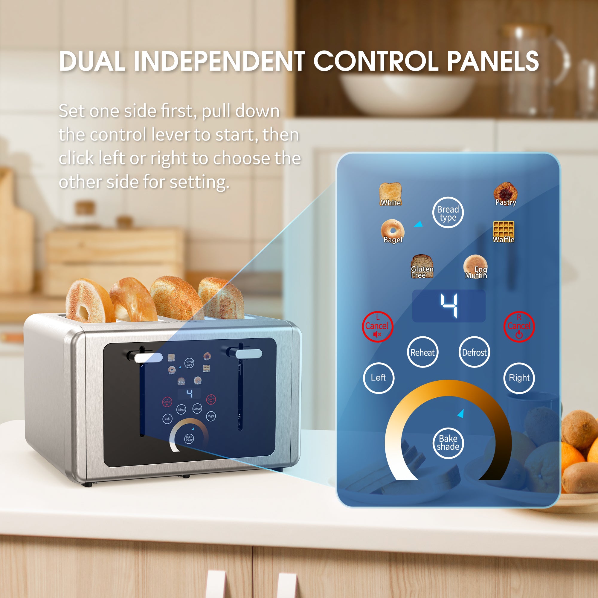 WHALL Touchscreen Toaster 4 Slice - Stainless Steel Toaster, 6 Shade Settings, Extra Wide Slots Toaster with Bagel, Cancel, Defrost Functions