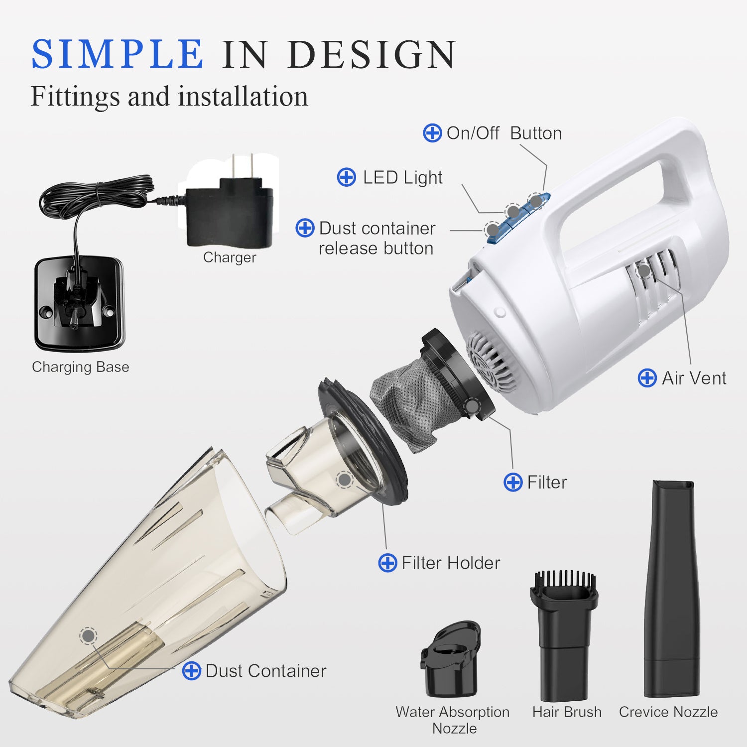WHALL Cordless Handheld Vacuum, Wet/Dry 2-in-1, 8500PA Powerful Suction, LED Light, Ultra Lightweight & Portable