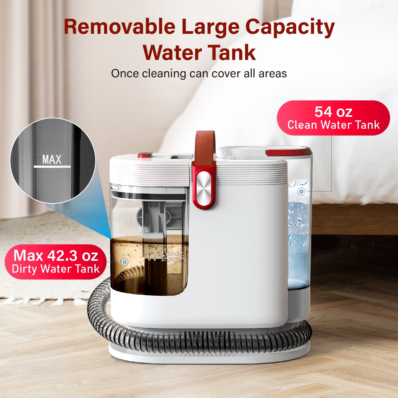WURESE Portable Carpet Cleaner Machine, Couch Cleaner Machine, 15Kpa Upholstery Washer with 3 Tools, 54oz Large Water Tank, 16.4ft Power Cord, Couches